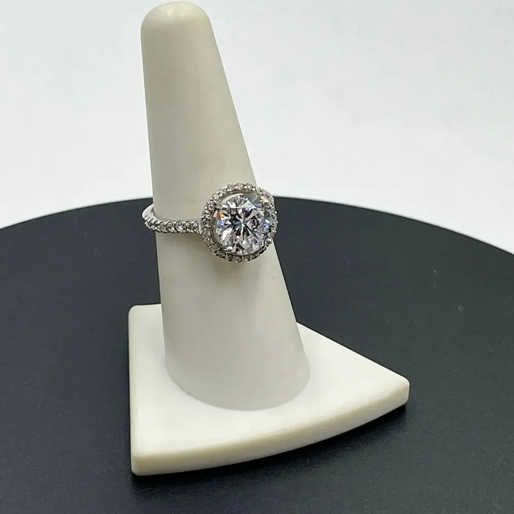 IBB 925‎ Silver Sparkling Cubic Zirconia Halo Solitaire Accent Ring Sz 7.5